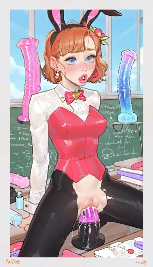 (best quality, masterpiece), (beautiful and aesthetic:1.2), vibrant colors, dildo reveal, 1gurl, huge dildo, dildo, horse dildo, large dildo, lube, trail, sitting, classroom, reverse bunnysuit extreme detailed, highest detailed, centered, vaginal, anal, hock, orgasm, incase, style, <lora:287175_training_data:1.5>, <lora:cartoon_stickers_xl_v1:1.5>, big boobs