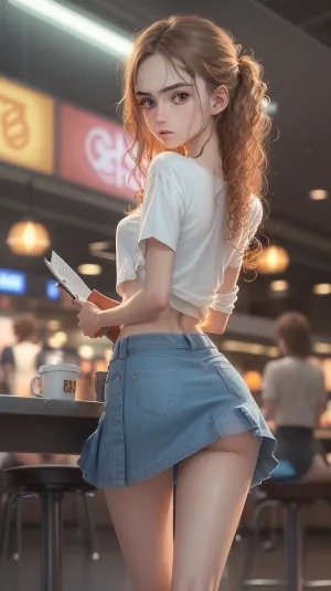 1girl, natural cutie, beautiful, really youthful 18yo young adult caucasian girl wearing a t-shit pulled up up, revealing small breasts and lifting short skirt sitting on a chair at a food court inside a mall, (legs spread:1.2), (lifting skirt:1.2), (show wet pussy:1.2), (cameltoe:1), (symmetrical face, perfect face, detailed face:1.1), (curly hair:1), (anorexic figure:1.1), (slim, slender hips:1.1), (skinny thin thighs:1.1), (skinny ass:1.1), menu board background, view from front, lit by colorful neon signs at night + cinematic lighting + dramatic lighting, (realism:1), (realistic:1), ((hyper realistic:1)), ((ultra realistic:1)), <lora:m99_labiaplasty_pussy_2:.6>
