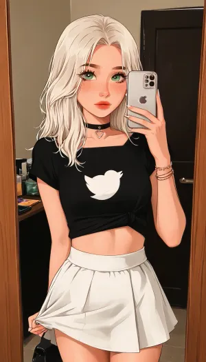 1 girl, 21 years, white hair, green eyes, freckles, iphone, mirror, selfie, holding, alt fashion, iPhone, alternative fashion, piercing, choker, long eyelashes, arrows on the eyes, cosmetics, mascara, short skirt, skirt lift, lift with one hand lifts the skirt, skirtlift, SamDoesArts, <lora:iphone_mirror_selfie_v01b:1>, <lora:alt_fashion_v2:1>, <lora:skirtlift_xl:.5>, <lora:SDXLSamDoesArts:1.5>
