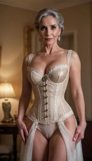 full body in frame, oman 65 years old, transperent sexy mediaval night robe, corset, super deep decolette, the corset is half unlaced, the left breast is exposed, milk flows from the nipples