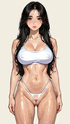 (Black haired, long hair), (pussy to face body view:1.2), perfect body, very detailed face, (detailed giant breasts), (simple background), (thick lines cartoon style illustration:2), 4ng3l, face, <lora:SDXL_BetterFaces-LoRA_v1:1.8>