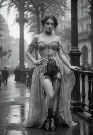 woman, Rococo semi-transparent dress, ((Dirty torn dress covered)), sultry aristocrat model, sit with legs wide apart, full body! the! most! beautiful!, intricate dress, 18 century city street rain background, darkness atmosphere, victorianstyle, 1880s, gothic revival style, RAW photo, analogue style, vintage photography, (((Monochrome:1.5))), depth of field, Albumen, Print, page, skirt, lift, <lora:victoriansxl_v1:.6>, <lora:Albumen Print:.5>, <lora:skirtLift:.5>