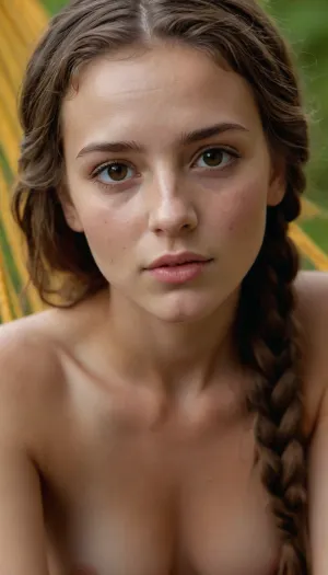 Check out these beautiful softcore pictures of Darina posing nude outdoors in a hammock, ((submissive)), ((lovely)), (((brown braided hair with sidelocks))), (((full body view))), (((high detailed legs))), (((high detailed fingers))), ((very much want have sex)), (love juice:1.4), ((high detailed pores on skin)), well-build body, medium tits, small lips, lots of freckles face and skin, blush on the checks and nose, (raised nasal tip, upturned button nose, upturned nose, delicate nose, nose), hypnotized loving yellow brown eyes, brown wild wet hair with sidelocks