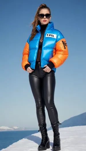 A bold and futuristic fashion portrait of a confident woman standing against a vivid, clear blue sky. She wears a striking oversized orange puffer jacket with black accents, its exaggerated volume creating a powerful visual statement. Beneath the jacket, she sports a black crop top emblazoned with the word "DREAM" in reflective silver letters, paired with high-waisted black ripped leggings that reveal intricate textures of torn fabric.
Her long, sleek ponytail flows down her back, complemented by round, retro-style black sunglasses that enhance her edgy and modern look. Dangling metallic earrings and a layered silver necklace add a touch of elegance and contrast against her dynamic outfit. On her feet, she wears futuristic platform boots with metallic detailing, combining practicality and avant-garde design. The composition exudes energy and attitude, with her dominant stance atop a snowy surface emphasizing her powerful presence. The bright colors of the jacket and reflective details of her boots create a sharp contrast against the serene blue backdrop, making her the undeniable focal point of the scene., BUT! actually specialized in backgrounds. v1.0, 0.2>