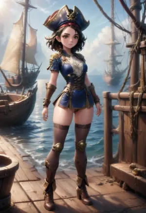 Pirate, cocked hat, ship, full-length woman, stockings, minidress, big ass, small breasts, small waist, sailboat, Shoulder armor, bracers, knee pads, boots, ral-dissolve, <lora:ral-dissolve-sdxl:.5>, greg, rutkowski, <lora:greg_rutkowski_xl_2:.5>