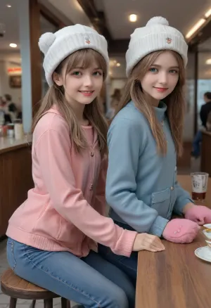 2 girls, Russian young beautiful 18 years old girl, blonde and brown hair, two big ponytails, blue eyes, (Realism:1.8), (Small flat chest:1.4), (russian:1.6), (smile:1.3), They're sitting in a cafe, Dressed in a oversize sweater and Pink down jacket, Warm winter hat, Wearing warm mittens and tight blue jeans, winter, Snow, Posing for the camera, (showing their ass:1.3), They hold each other by the ass