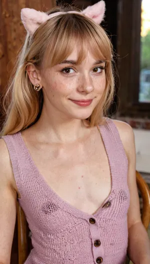(skinny girl make blowjob:1.3), A young woman sitting on a wooden chair indoors, casually leaning her head on one hand. She has medium-length, slightly wavy strawberry blonde hair with soft bangs framing her face. Her skin is fair with a light rosy undertone, and her face shows faint freckles across her cheeks and nose. She has expressive brown eyes with a friendly and curious gaze, framed by thin eyebrows that match her hair color. Her nose is small and slightly upturned, and her lips are medium-sized with a natural pink tone, smiling subtly.

She is wearing a textured brown knit dress with large buttons down the front, its V-neckline subtly framing her neck and collarbones. Her build is petite, with a slender frame and natural proportions. Her ears are visible, adorned with small, simple earrings. The background includes blurred elements

Show her full body