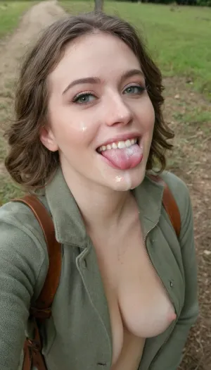 closeup of a girl's glossy lips with strings of cum between upper and lower lip, (pale skin), (dark green eyes), (strings of cum:1.3), (threads of cum:1.3), (cum between lips), (dripping cum), (cum dripping from teeth:1.3), (pink lips), (skin pores), (detailed skin), (beautiful face), (short wavy hair:1.3), (loose curls), (brunette hair), (pixie cut), (Northern European), (freckles), (cum hanging from teeth), (mouth open:1.2), (clothed:1.4), (brown cord jacket:1.5), (long, green, knitted scarf:1.1), (wearing a pullover:1.4), (realistic transparent liquid), (close up of lips:1.4), (detailed teeth), (realistic teeth), (imperfect teeth), (in a green park)