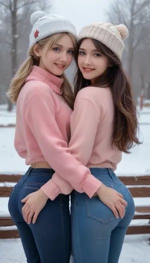 High res, 2 girls, Russian young beautiful 18 year old girl, blonde and brown hair, two ponytails, blue eyes, soft skin, soft full lips, (Realism:1.8), (russian:1.6), (smile:1.3), Russian village, Dressed in a pink sweater, Warm winter hat, Warm hands and tight blue jeans, winter, Snow, Posing for daddy, (showing their ass:1.3), They hold onto each other by there ass, hug holding on each other's butts, (ass grabbing each other ass), kiss