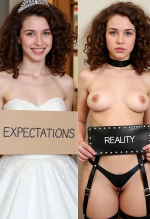 side-by-side two pictures, young French petite woman, curly brown hair, standing, (first picture on the left, confident, playful expression, huge smile, wedding dress, tiara, holding a handmade sign with text "EXPECTATIONS"), (second picture on the right, new expression on her face, much more serious, worried, nude, black choker around her neck, black leather harness with rivets on her chest, black garter at the waist, black leather straps with rivets on her legs, holding a handmade sign with text "REALITY")