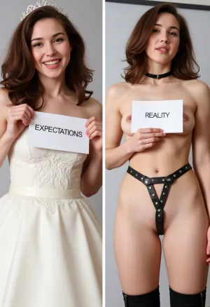 side-by-side two pictures, young French petite woman, curly brown hair, standing, (first picture on the left, confident, playful expression, huge smile, wedding dress, tiara, holding a handmade sign with text "EXPECTATIONS"), (second picture on the right, new expression on her face, much more serious, worried, nude, black choker around her neck, black leather harness with rivets on her chest, black garter at the waist, black leather straps with rivets on her legs, holding a handmade sign with text "REALITY")