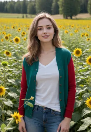 a young woman with light skin and shoulder-length light brown hair, wearing a red cardigan over a white top and blue jeans. She stands in a lush, green meadow with tall, golden-yellow wildflowers. She holds a large, vibrant yellow sunflower, gazing at it with a serene expression. The background features dense greenery and a clear blue sky, suggesting a sunny day.