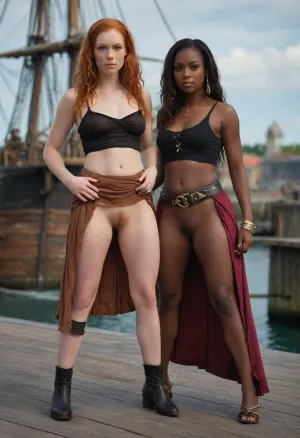 two women, one ginger, dark skin color, one partially nude, one completely clothed, cfnf, pirate clothing, pirate scene, landing strip, high res, best quality, skirt, lift, h41ry, <lora:skirtLift:.5>, <lora:h41ry:.1>