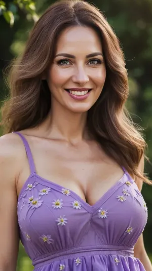 full body portrait of woman, ((35 years old)), horny smile, ((high detailed skin)), high quality, detailed skin texture, (highly detailed hair), ((skinny fit body)), ((slim body)), (realistic), soft focus, insanely detailed, highest quality, ((purple flowered sundress)), Swedish woman, dyed hair