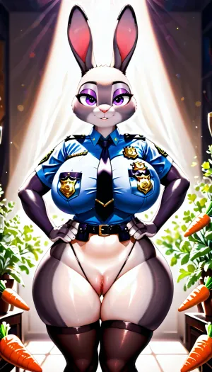 Behind view, Volumetric Lighting, Natural Lighting, Best Shadows, Beautiful body, ((masterpiece)), (best_quality), blurry_background, depth_of_field, Brilliant Colorful Paintings, shiny skin, thighs, (JudyHopps), purple eyes, studio lighting, furry, rabbits ears, police uniform, blue shirt, black thong, black legwear, thick thighs, wide_hips, partially_visible_vulva, mature female, milf, hand on hips, sexy, half-closed eyes, tie, huge breast, (carrots in asshole)