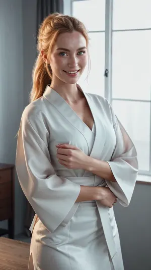 ((From Nordic woman)), perfect lighting, ultra realistic, 8k resolution, ultra detailed, instagram model, professional photography, Japanese kimono clothing, medium chest, shy smile, Nordic, playful, freckled face, slim body, lifelike face, real face