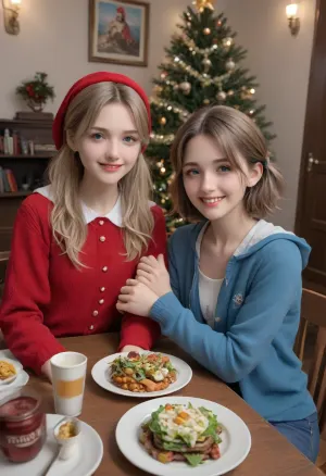 2 girls, Russian young beautiful 18 years old girl, blonde and brown hair, two big ponytails, blue eyes, (Realism:1.8), (Small flat chest:1.4), (russian:1.6), Christmas atmosphere, Christmas tree, (smile:1.3), Russian village, Dressed in a Winter warm jacket with hood, oversize sweater and tight blue jeans, Posing for the viewer, Night, room, Festive table set, sitting at the table, Lots of food on the table, Salads, drinks