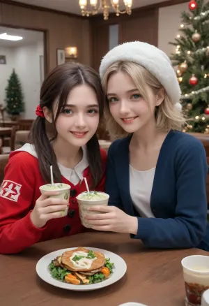 2 girls, Russian young beautiful 18 years old girl, blonde and brown hair, two big ponytails, blue eyes, (Realism:1.8), (Small flat chest:1.4), (russian:1.6), Christmas atmosphere, Christmas tree, (smile:1.3), Russian village, Dressed in a Winter warm jacket with hood, oversize sweater and tight blue jeans, Posing for the viewer, Night, room, Festive table set, sitting at the table, Lots of food on the table, Salads, drinks