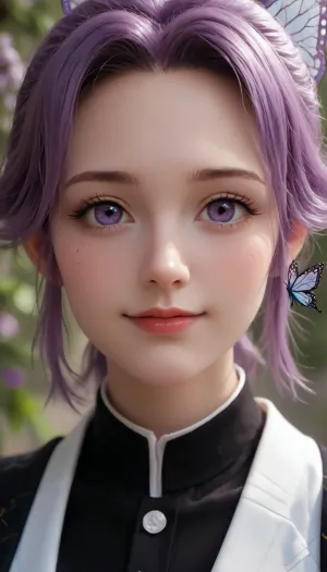 Shinobu from kimetsu no yaiba, close up face, smile brightly, glowing purple eyes, butterfly flying all around, wisteria tree background, shinobu, <lora:ShinobuXL:1>