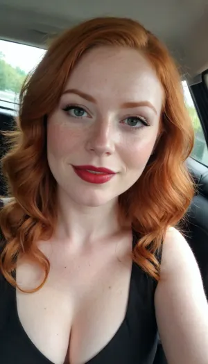 Selfie, in car, french redhead woman, 30yo, bbw body, 5'6", long ginger hairs, freckles, wearing black secretary dress, flower on ear, smiling, make-up, red lipstick