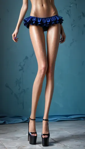 Ultra detailed skin, (Long sexy legs:1.8), sweaty skin, very pale skin, waist down shot, stripper platform heels, close-up from behind, standing, ultra short frilled loose skirt, (long slim legs:1.5), thin legs, perfect bubble butt, <lora:add-detail-xl:.6>