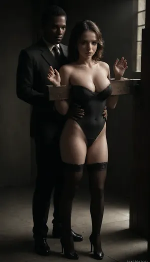 interracial, only black man, only giant black man, a black man stand close and behind the white slut wife, with a mischievous smirk in a poor urban neighborhood at dusk, the wife in a lux sexy slutty dress with stockings and elegant high heels, waving goodbye hand, standing at the open door of a small shabby room, a black man hugging her from behind with a mischievous smirk, rundown buildings in the background, wife is waving goodbye her hand, dim street lighting with a melancholic blue and orange hue, cinematic style, 8k resolution", (best, quality), (lace, thong, bodysuit), (large, breasts), (amazing, cleavage), (photorealistic), ac_neg1, cl_dr3ss, jia, pillory, <lora:dark:.6>, <lora:add-detail-xl:.8>, <lora:aab07756-1de4-472c-955f-7286b85422fa.TA_trained:1>, <lora:jia_SDXL_2_:1.1>