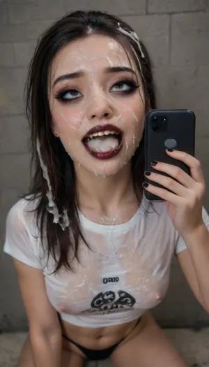 score_9, score_8_up, score_7_up, score_6_up, 1girl, goth, (pale skin), dark black eyes, (black hair), bangs, black eyeliner, (black lipstick), white skin, black necklace, pierced belly button, pierced nipple, crowded bar, tan lines, extremely small waist, small waist, wide hips, hourglass body, perfect ass, black high waisted thong, (Wabjer:1.5), queen of spades tattoo on ass, signature tight t-shirt, black short mini skirt with cutouts and thongs, good face detail, perfect face quality, best image quality, (good face detail, perfect face quality, best image quality, masterpiece, best quality, good image detail, body and face are very well detailed, realistic, 8k, high definition of the face, or well detailed, perfect image clarity, very good image clarity, soft light), (cell phone scene:1.1), ultra horny aheago, eyes rolling, (crazy aheago asian:1.1), wet dripping liquid, (cum on skin wet clothes cum in hair cum on face masturbation cash dollars payment:1.2), (grabbing long nipples crotch lesbian hardcore penetration massive vanity dildo cock deep anus:1.2), skin shiny wet, shiny ass, (thong pulling hairy pussy:1.2), perfect lighting, graffiti on brick wall in dump, <lora:3D XL:2>