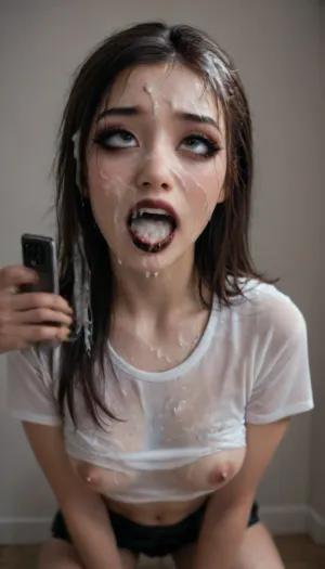 score_9, score_8_up, score_7_up, score_6_up, 1girl, goth, (pale skin), dark black eyes, (black hair), bangs, black eyeliner, (black lipstick), white skin, black necklace, pierced belly button, pierced nipple, crowded bar, tan lines, extremely small waist, small waist, wide hips, hourglass body, perfect ass, black high waisted thong, (Wabjer:1.5), queen of spades tattoo on ass, signature tight t-shirt, black short mini skirt with cutouts and thongs, good face detail, perfect face quality, best image quality, (good face detail, perfect face quality, best image quality, masterpiece, best quality, good image detail, body and face are very well detailed, realistic, 8k, high definition of the face, or well detailed, perfect image clarity, very good image clarity, soft light), (cell phone scene:1.1), ultra horny aheago, eyes rolling, (crazy aheago asian:1.1), wet dripping liquid, (cum on skin wet clothes cum in hair cum on face masturbation cash dollars payment:1.2), (grabbing long nipples crotch lesbian hardcore penetration massive vanity dildo cock deep anus:1.2), skin shiny wet, shiny ass, (thong pulling hairy pussy:1.2), perfect lighting, graffiti on brick wall in dump, <lora:3D XL:2>