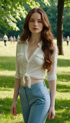 Elegant woman, 25 years old, long wavy hair, chestnut hair, petite woman, 1.50m, small ass, round ass, small round breasts, firm breasts, ((pale skin)), freckles. smartly dressed, wide blue trousers, white shirt. In a park in summer