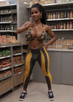 detailed supermarket background, fruits and vegetables department, full body view, bottom up view, side view on ass and penis, dickgirl, chubby shemale, transgender, African shemale hottie, midnight black skin, (penis bulge:1.8), yellow skintight sweatpants, penis bulge under sweatpant visible, huge cleavage, erected nipples, graphic crop top, lettering "ANAL" printed on crop top, standing, upskirt view, supermarket background, holding a single green rod-shaped cucumber, pointing with cucumber at viewer, ponytail, stunning beautiful face, ful lips, dark red lipstick, subtle classic make up, athletic body, pierced belly button, grin mischievously, seductive look to viewer, JuliaAnnQuiron, melanin, xlsanaa, woman, <lora:Dramatic_penis_SDXL:.5>, <lora:melanin-XL:1.4>, <lora:xlsanaa woman:.7>