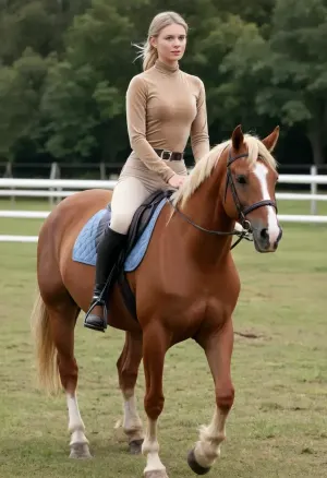 (masterpiece, best quality:1.2), 1 girl, swedish 30yo, solo, tight beige jodhpurs, riding boots, cap, (light brown velvet high neck shirt, long sleeves:1.4), outdoors, white blonde hair, bright ice blue eyes, short haircut with side parting, hair tucked behind ears, she rides a horse on a summer horse paddock, horses in the background, she looks into the distance, serious look, photorealism, r1d1ngb00ts, RiHorse, front_view, half_front_view, side_view, galloping, <lora:Equestrian_riding_boots_2_SDXXXL:.5>, <lora:RideHorse.0.9:.5>