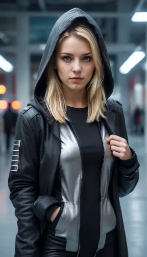 Ultra realistic, Mirrors Edge style, young beautiful German girl, friendly cute tall tall face, with wild blonde hair, sexy body, wearing armored cyberpunk clothes and a black hooded greatcoat, relaxed pose, revealing pose, model pose