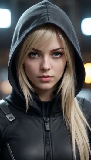 Ultra realistic, Nier Automata style, young beautiful German girl, friendly cute tall tall face, with wild blonde hair, sexy body, wearing armored cyberpunk clothes and a black hooded greatcoat, relaxed pose, revealing pose, model pose