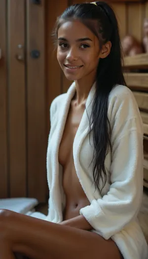 Ultra realistic, 8k, 3d effect, (((side view))), (((deep of the field))), (backlight), Meika woollard, dark mulatto, (((Absolut beautiful Perfect round face))), insta model, ((very sweet face)), (((small smile))), (((sitting on a towel))), (((One leg bent))), (((big Public sauna))), ((Thick white bathrobe)), ((Hands one back)), ((luxury wooden sauna)), (very slender body), (((Low Angel View))), ((from below)), (((vaginal Pussy closeup))), (((focus one Pussy))), ((focus one ass)), ((very hairy pussylips)), (very hairy pube), ((very Long Pubic Hair)), (((shiny wet Pussy))), ((dripping Vagina)), 20 years old, ((oiled skin)), (DARK makeup:1.2), ((very skinny)), ((black very straight strong high flat ponytail)), (teen girl:1.6), (((DARK inner pussylips))), ((big large inner pussylips)), ((wide gaping asshole)), <lora:DetailedEyes_V3:.6>, <lora:add-detail-xl:.7>, <lora:ahxl_v1:.4>, <lora:BUT_SDXL_SHS:1>