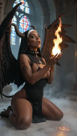 in the church, (fog:1.6), (black girl:1.5), (African girl:1.5), (angry eyes), (big claws wings:1.5), a black nun, (fire in church:1.6), sexy nun, kneeling, praying, large breasts, deep cleavage, spiked collar, natural body, (Minimalist moody chiaroscuro lighting and creates a dramatic effect), (The overall mood of the image is sensual and alluring, with undertones of anticipation and desire), (closeup of breasts, light focus on breasts), (big breasts, soft breasts), black stockings, (smeared makeup), (red glowing pupils), (big ass), (legs spread), inverted cross, black lips, (pentagram), wide hips, (tattoos on breast), (tattoo on hips), (behind tail), (tail from ass), (horns on the head), (open mouth), (An close-up bottom up profile of big breasts, Long silky raven black hair hides her face in shadow), (hooves:1.7), (long nails on hands:1.7), best quality, mega detail, mega quality, high detailing, plump black lips, bottom view, side view