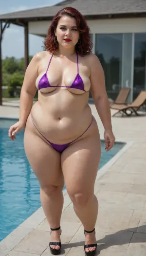 Photorealism, UHD, 8K, ((obese 37 year old woman naked)), standing on poolside, red hair, (courtian banks haircut), red lipstick, dark eyliner, full body, looking at camera, small sagging breasts, small breasts, fat breasts, natural breasts, huge stomach, fat stomach, hanging stomach, overweight, obese, ultra ssbbw, huge ass, fat ass, oiled skin, oiled body, moist skin, softservice, Turned to viewer, full body view, wearing clear transparent platform heels made of glass and a purple mini bikini, mini bikini, platform heels