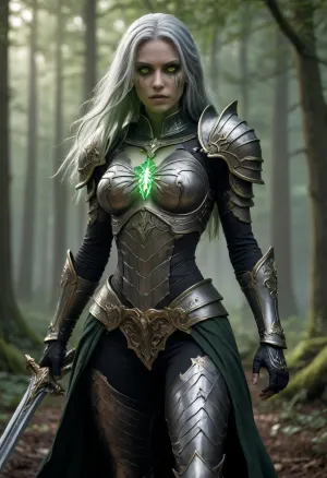 Full body, Valka, forsaken blade, (AFK_Journey), undead, female, strong, knight, dutiful, respected, commanding, extremely pale, reanimated corpse, corpse like complexion, ornate silver armor with gold trim, full plate armor, under her armor she has black clothes, massive claymore, long gray green hair, glowing green eyes, armor ripped open to reveal rib cage and her glowing green heart, exposed ribs, exposed anatomical heart, massive hole in chest, necromancy, necromantic energy, magical green glow