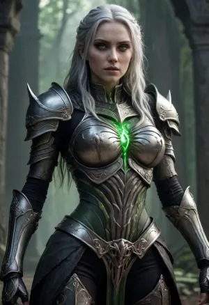 Full body, Valka, forsaken blade, (AFK_Journey), undead, female, strong, knight, dutiful, respected, commanding, extremely pale, reanimated corpse, corpse like complexion, charcoal lipstick, ornate silver armor, full plate armor, under her armor she has black clothes, massive claymore, long gray green hair, glowing green eyes, armor ripped open to reveal rib cage and her glowing green heart, exposed ribs, exposed anatomical heart, massive hole in chest, necromancy, necromantic energy, magical green glow
