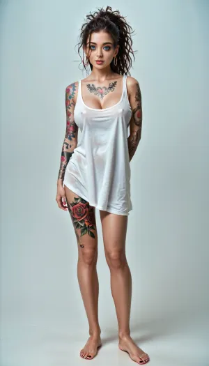 beautifull slim fit woman, 19years old, messy ponytail hair, extremely loose oversized tank top, large neckline with uncovered, busty, (40J cups:1.3), eyeliner, full body view, full body tattoos, many tattoos, accurate eyes, realistic detailed eyes, realistic skin texture, high quality, photorealistic, extremely detailed, high resolution, high resolution face, high resolution eyes