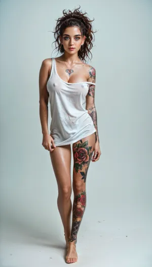 beautifull slim fit woman, 19years old, messy ponytail hair, extremely loose oversized tank top, large neckline with uncovered, busty, (40J cups:1.3), eyeliner, full body view, full body tattoos, many tattoos, accurate eyes, realistic detailed eyes, realistic skin texture, high quality, photorealistic, extremely detailed, high resolution, high resolution face, high resolution eyes
