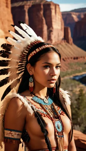 score_9, score_8_up, score_7_up, Raw Photo, Cowboy Shot, girl, native american, cute, seductive, innocent, (light smile:.3), plump lips, slender body, 20yo, adorned with traditional regalia and feathers, standing, Canyon background, dynamic angle detailed Native American tribal dress, depth of field, dynamic angle, (photo realistic:1.4), (realistic skin:1.4), fashion photography, sharp, analog film grain, (hyperdetailed:1.15)