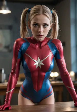 Full frontal view of anorexic female superhero Atom Eve from the POV of a male on a table, long straight twintails