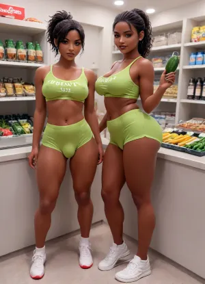detailed supermarket background, fruits and vegetables department, full body view, bottom up view, side view on ass and penis, dickgirl, chubby shemale, transgender, african shemale hottie, midnight black skin, (penis bulge:1.3), yellow skintight short hotpants, tight pants, penis bulge under skintight hotpant visible, big cleavage, erected nipples, graphic crop top, lettering "ANAL" printed on crop top, standing, upskirt view, holding a single green rod-shaped cucumber, pointing with cucumber at viewer, ponytail, stunning beautiful face, ful lips, dark red lipstick, subtle classic make up, athletic body, muscular ass, muscular thighs, pierced belly button, grin mischievously, seductive look to viewer, bend over vegetable shelf, stretch ass in direction to the viewer, (testicles bulge visible:1.3), melanin, xlsanaa, woman, <lora:Dramatic_penis_SDXL:.5>, <lora:melanin-XL:.8>, <lora:xlsanaa woman:1.2>