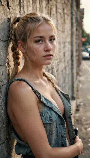 dirty homeless woman beautiful blonde 18 years old with ponytails woman, lewddungeon, background walls, breastclamp, <lora:breastclamp_SDXL_reg0_03s:.5>