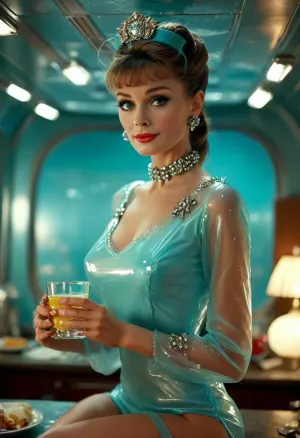 Movie poster for a 1960s horor movie version of breakfast at Tiffany's, sexy space flight attendant, light blue clear transparent long sleeved plastic micro dress, cleavage, sexy legs, huge breasts, <lora:MJ52:.8>