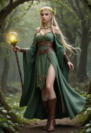 Full body, Parisa, ode to flowers, (AFK_Journey), flower sprite, female, mage, flower magic, diligent, perfectionist, dutiful, hardworking, strict, responsible, protector, single focused, long braided light blonde hair, circlet of branches with two yellow flowers, pale, long elf ears, flowing layered dark and pale green dress, dark green caplet with light green vine pattern, brown leather waist, high leather boots, flowering branch magic staff with floating yellow orb, Druid vibes