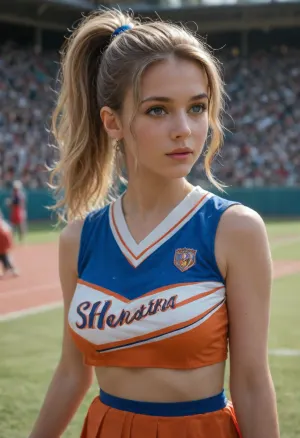 Student, 19 years old, blonde, ponytail on the right side, blue eyes, cheerleader uniform
