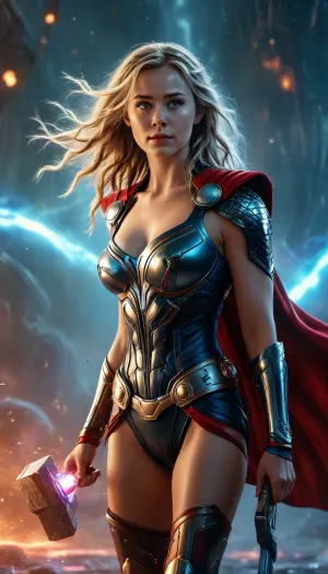((Movie poster for a 2020s SciFi movie version of Thor movie, sexy, cleavage, sexy legs, small breasts)), <lora:MJ52:.6>