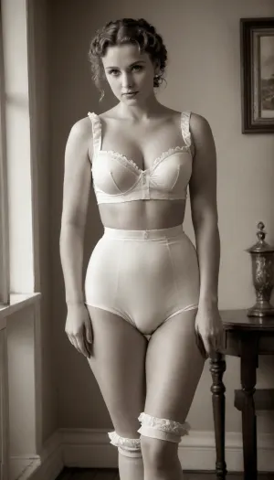 in the style of by Trisha Romance, Photorealistic, blackandwhite, Create 19th century a female maid, sexy housewife, (busty housewife style sexy naughty white underwear:1.3), (((old-fashioned mid-thigh pantaloons with a high waist and ruffles))), wet sweat skin, full body Portrait, (18 years old, Naturally wavy bun Hair, dirty clothes), cleaning, retro, black and white photo, beautiful, natural, realistic, vintage black and white photography, (Scratches on the picture, retro, Sepia)