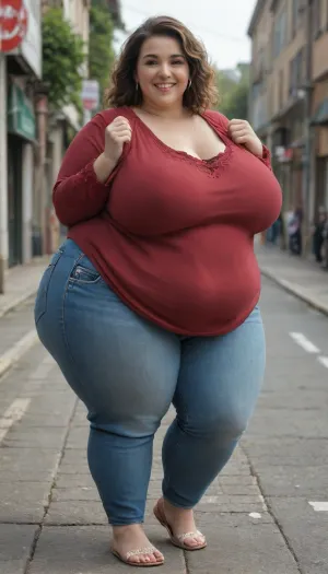Obese ssbbw hyper fat woman, 600lbs, 5 feet 6 inches, 50 years old, lace, tight short worn jeans, (semi clothed almost obscene:1.5), (almost everyday life scene, super happy and proud to be a hyper fat woman, full gigantic body, outdoor, hyper huge fat woman)